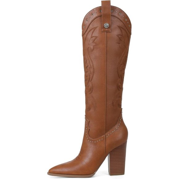 Shoes - Women's Brown Wide Calf Chunky Knee High Heels Embroidered Western Boots